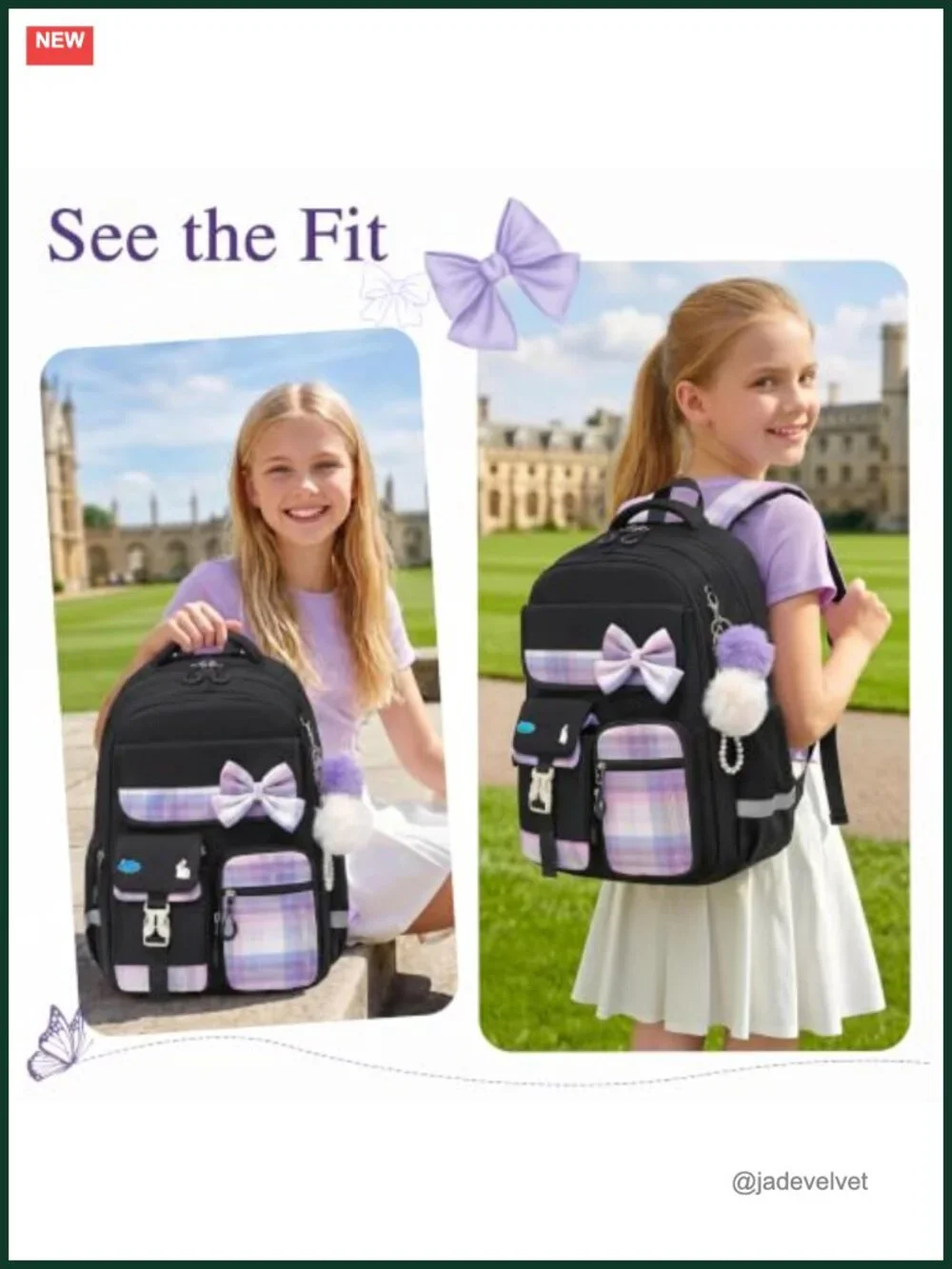 Preppy Plaid Bow Backpack with Pom Charms Lightweight School Bag